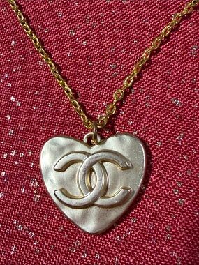 CHANEL Gold Heart Pendant Necklace with Interlocking CC
